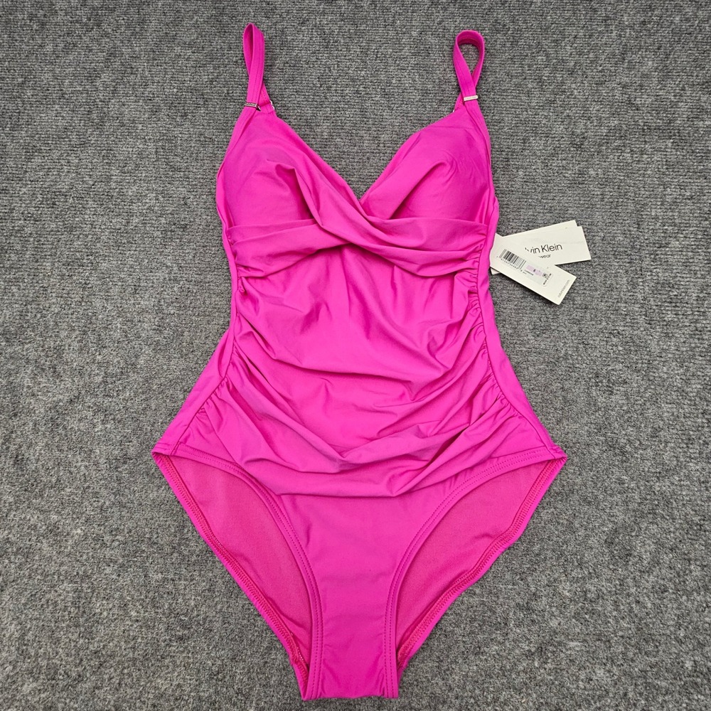 Calvin Klein One Piece Swimsuit Women Surplice Wrap Ruched Swimwear Pink 6 New